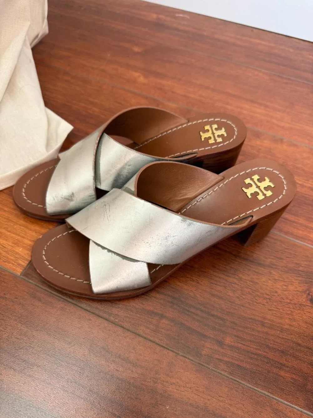 Tory Burch Montrose Stacked Block Heel in Silver size 7